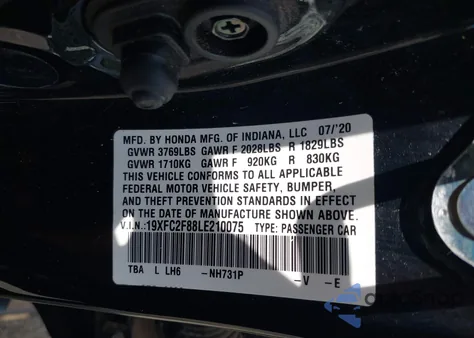2020 Honda Civic Sport from USA, damaged, VIN 19XFC2F88LE210075